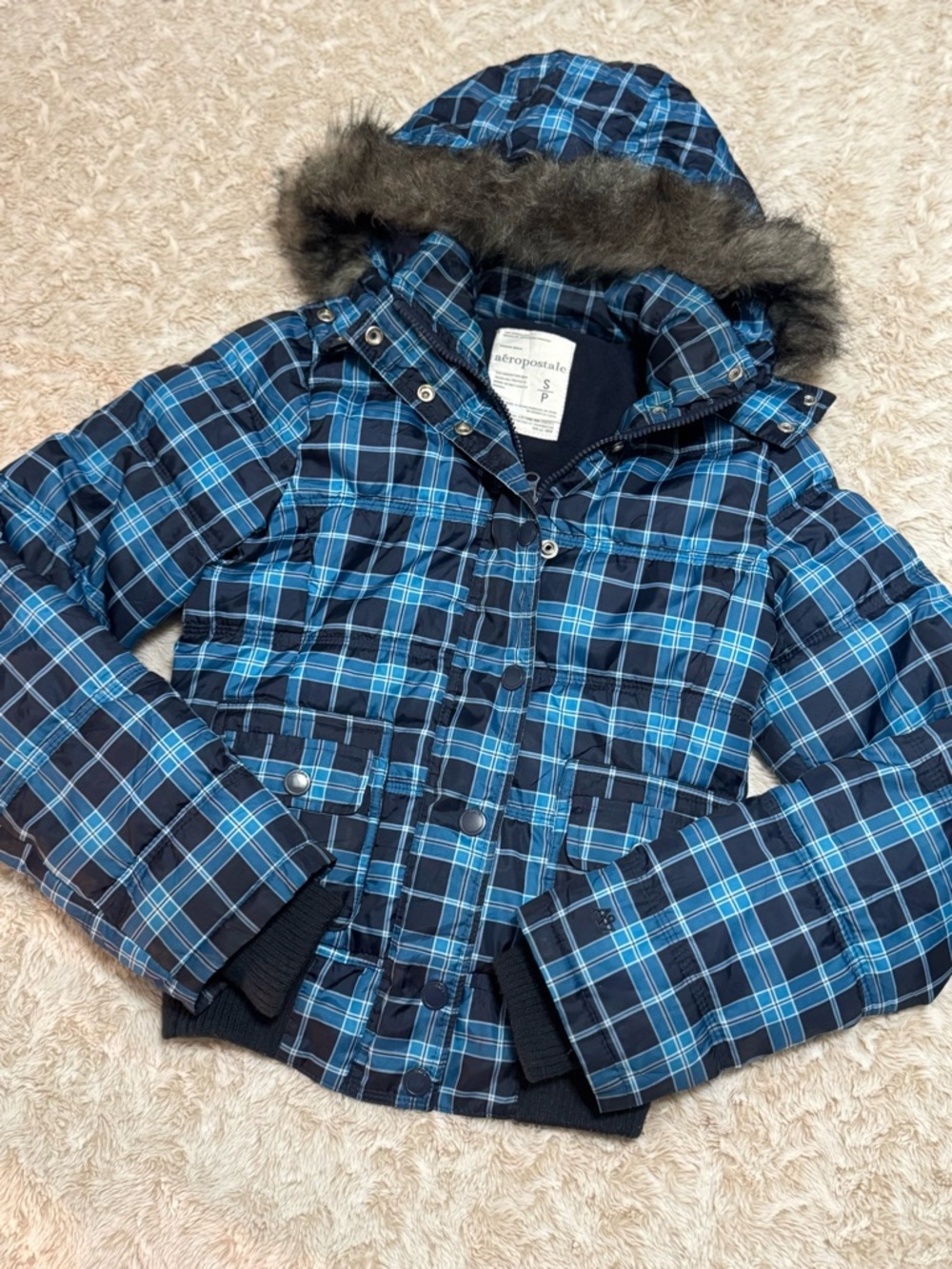 Vintage Aeropostale blue plaid puffer jacket with fur hood